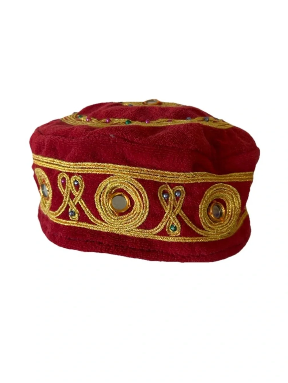 Vintage Turkish Velvet Fez Hat Gold Embroidered Jeweled Festival Cap - Picture 3 of 12